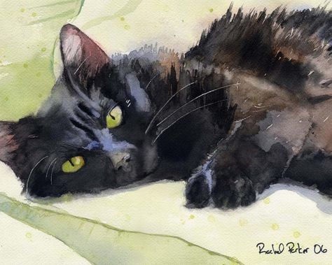 Black Cat Art Painting PRINT Watercolor Rachel Parker - Etsy Rachel Parker, Cat Art Painting, Black Cat Painting, Green Art Print, Black Cat Art, Annie Leibovitz, Cat Artwork, Cat Art Print, Watercolor Cat