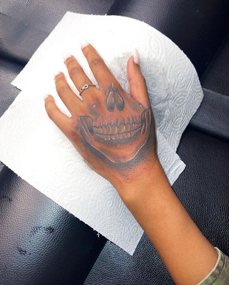 Hand Tattoos On Black Guys, Hand Tattoo Animals, Hand Tattoos For Females, Skull Hand Tattoos For Women, Gangsta Tattoos For Women Hand, Your Throat Here Tattoo, Hand Tattoos For Women Skull, Female Hand Tattoos Black Women, Baddie Hand Tattoos For Women