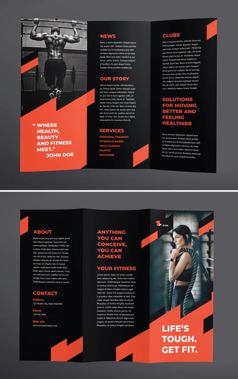 Gym Training Tri-fold  Brochure Template AI, EPS, INDD and PSD Fitness Brochure Design, Sports Brochure Design, Gym Graphic Design, Gym Brochure, Sports Brochure, Gym Graphics, Tri Fold Brochure Design, Indesign Inspiration, Training Template