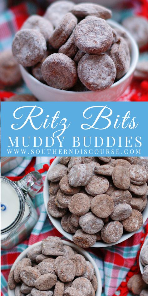 Brownie Muddy Buddies Recipe, Ritz Bits Snacks, Snack Mix With Ritz Bits, Ritz Bits And Oreo Puppy Chow, Party Snack Mix Ideas, Dandy Doo Cookies With Ritz Crackers, Ritz Bits Recipes, Ritz Bits Churros Recipe, Easy Treats To Make With Kids