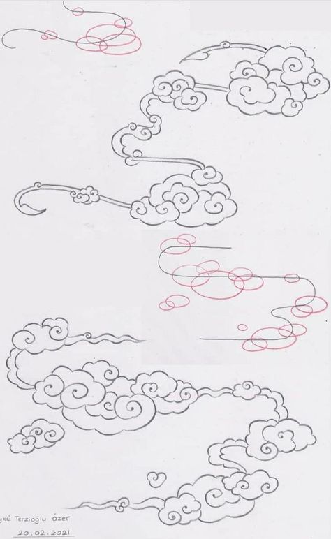 How To Draw Japanese Clouds, Chinese Cloud Drawing, Asian Cloud Tattoo, Japanese Cloud Art, Cloud Japanese, Japanese Cloud Tattoo, Japanese Clouds, Ide Scrapbook, Drawstring Sleeve