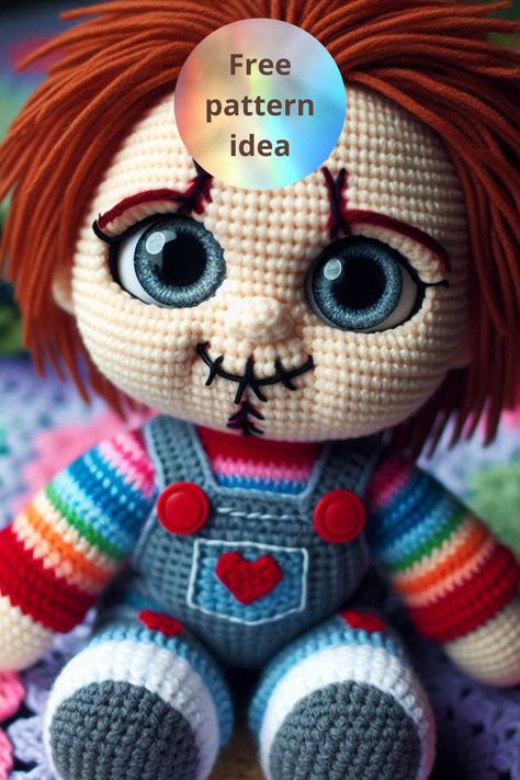 Create a Chucky Amigurumi Crochet Doll with its signature red hair, striped outfit, and detailed scars. A perfect project for horror and crochet enthusiasts! Chucky Amigurumi, Striped Outfit, Chucky Doll, Stripe Outfits, Crochet Stitches For Beginners, Unique Dolls, Crochet Patterns Amigurumi, Crochet Dolls, Amigurumi Crochet