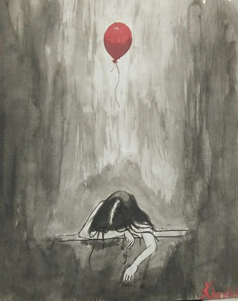 ($5) you may contact me for buying my artworks. #abstract painting #watercolour painting #sad girl #crying girl #balloon #deep #pain Deep Emotional Paintings Abstract, Overthinking Abstract Painting, Pain Artwork Paintings, Overthinking Painting Ideas On Canvas, Emotional Painting Ideas, Emotion Painting Feelings, Deep Painting Ideas, Painting Of Overthinking, Paintings About Loneliness