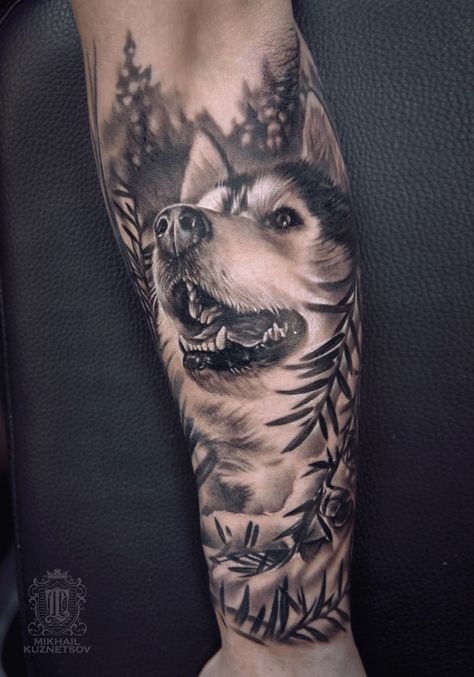 Husky Portrait Tattoo, Tattoo Dog Portrait, Storm Tattoos, Unique Animal Tattoos, Husky Tattoo, Dog Portrait Tattoo, Storm Tattoo, Forest Tattoos, Dog Tattoos