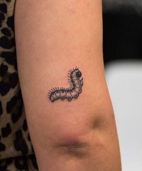 Small Critter Tattoo, Simple Caterpillar Tattoo, Small Caterpillar Tattoo, Fuzzy Caterpillar Tattoo, Small Bug Tattoo Ideas, Inch Worm Tattoo, Catapiller Tattoo, Caterpillar Tattoos, Pill Bug Tattoo