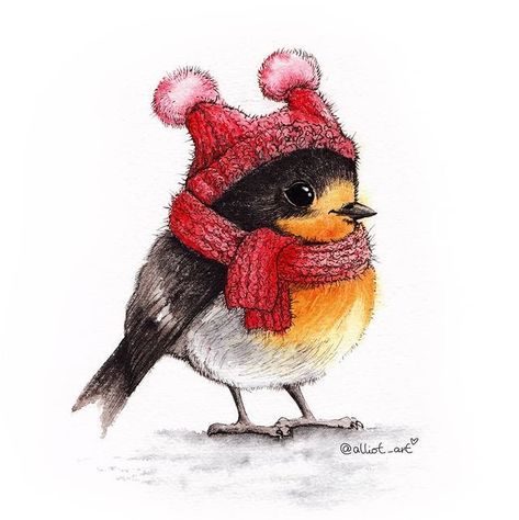 Animal Art Projects, Animal Illustration Art, Colored Pencil Artwork, Winter Illustration, Watercolor Christmas Cards, Christmas Drawing, Bird Illustration, Christmas Paintings, Christmas Watercolor