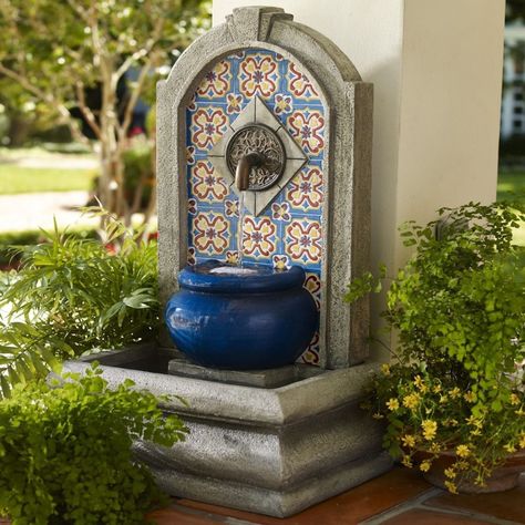 Patio Water Fountain, Mediterranean Mosaic, Outdoor Wall Fountains, Water Fountain Design, Garden Sink, Garden Water Fountains, Indoor Water Fountains, Fountain Design, Water Fountains Outdoor