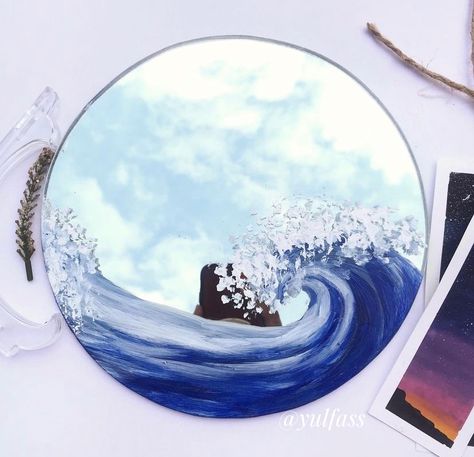 Ocean Mirror Painting, Painted Circle Mirror, Circle Mirror Painting, Painted Mirror Aesthetic, Mirror Painting Ideas, Mirror Diy Projects, Painted Mirrors, Antique Mirror Diy, Funky Mirrors