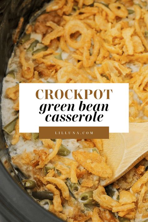 Crispy, creamy crockpot green bean casserole is beyond easy. It's just as tasty as the original oven-baked classic! #greenbeancasserole #crockpot #slowcooker #casserole #thanksgiving Crockpot Green Bean Casserole, Slow Cooker Green Bean Casserole, Casserole Thanksgiving, Crockpot Green Beans, Green Bean Casserole Crock Pot, Slow Cooker Green Beans, Dump Recipes, 2023 Food, Crockpot Casserole