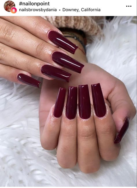 Wine Red Acrylic Nails Coffin Long, Acrylic Maroon Nails, Long Plum Nails, Square Acrylic Nails Burgundy, Mulberry Nail Color, Dark Red Tapered Square Nails, Burgandy Coffin Acrylic Nails, Wine Red Square Nails, Maroon Square Acrylic Nails