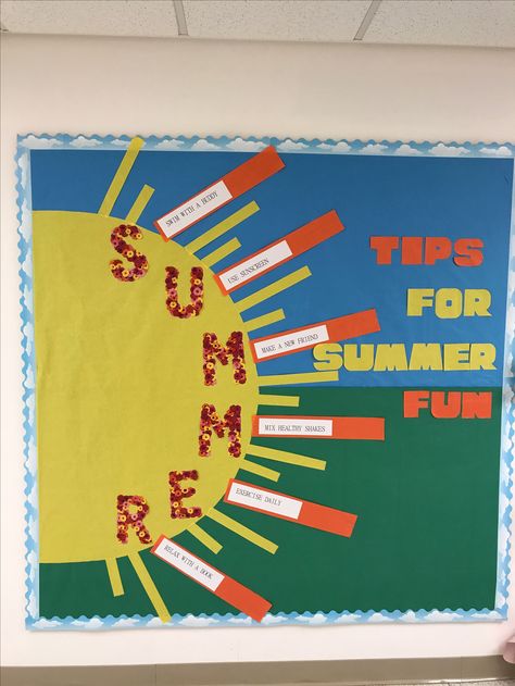 Sun Safety Bulletin Board, Summer Safety Bulletin Board Ideas, Ra Summer Bulletin Boards, School Nurse Decorations, Nurse Decorations, Cardiac Rehab, Nurse Bulletin Board, Health Bulletin Boards, Nurse Ideas