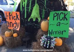 Trunk or Treat - Beth Demme Trunk Or Treat Ideas, Nose Picking, Foam Pumpkins, Treat Ideas, Halloween Decorating, Trunk Or Treat, Painted Signs, Poster Board, Green Fabric