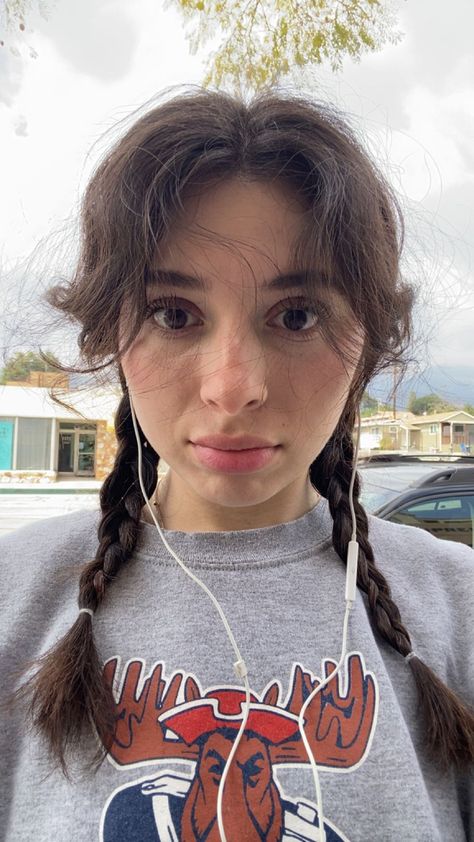 Brunette, braids, two braids, bangs, curtain bangs, earbuds, headphones, brown eyes, natural makeup, crewneck, spring, summer, aesthetic, insta ideas, pose inspo, middle part, cute, Brown Hair Braid Aesthetic, Braided Hair With Curtain Bangs, Curtain Bangs French Braids, Curtain Bangs With French Braids, Curtain Bangs And Braids, Cute Hairstyles With Curtain Bangs Braids, Plaits With Bangs, Twin Braids Short Hair, Double Braids With Bangs