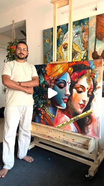 Maadhvan Goyal on Instagram: "Radha Krishna ❤️ Painting size 4x3ft  Acrylic on canvas 2024   #art #artistsupport #canvas #paintingoftheday #canvas #interior #interiordesign #interiordecor #interiordecorating #interiorlovers #interiordesigners #walldecoration #homedecor #decorlovers #decorations #lovepainting #krishna" Radha Krishna Beautiful Painting, Radha Krishna Painting For Bedroom, Radha Krishna Hand Painting, Radha Krishna Oil Painting On Canvas, Acrylic Painting Of Krishna, Radha Krishna Wall Painting Ideas, Radha Krishna Watercolor Painting, Krishna Canvas Painting Acrylics, Radha Krishna Oil Painting