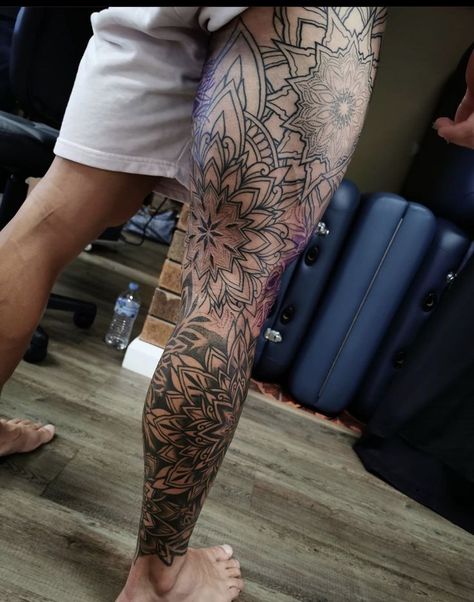 Mandala Leg Sleeve, Animal Mandala Tattoo, Mens Leg Sleeve Tattoo, Mandala Leg Tattoo, 108 Tattoo, Mandala Tattoo Leg, Forest Tattoo Sleeve, Calf Sleeve Tattoo, Calf Tattoo Ideas