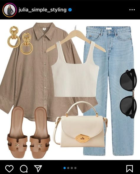 Linen Shirt Styling, Classic Fashion Looks, Cute Mom Outfits, Shirt Styling, Outfit Beige, Vacation Outfits Women, Outfits Con Jeans, Colour Combinations Fashion, Easy Outfits