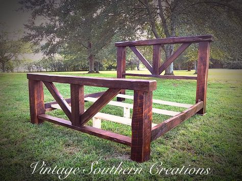 Barn beam bed built by Vintage Southern Creations Farm Style Bed Frame, Rustic Bed Frame Plans, Built Bed Frame, Diy Raised Bed Frame, Simple King Bed Frame Diy, Diy Wood Bed Frame King, Wooden Bed Frame Ideas, Barn Beam Ideas, Diy Bed Frames