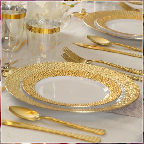 Thanksgiving Table Settings - We'll save you many hours of searching. Just click to visit and get what you need IMMEDIATELY! Rose Gold Rims, Elegant Party Decorations, Gold Plastic Silverware, Gold Table Setting, Gold Plastic Plates, White Table Settings, Plastic Dinnerware Sets, Plastic Silverware, Plastic Dinnerware