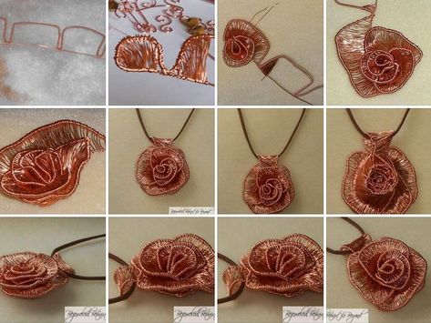 wire woven rose tutorial (https://www.facebook.com/media/set/?set=a.516654585038194.1073741830.366689886701332&) Wire Wrap Rose Tutorial, Wire Rose, Wire Weaving Tutorial, Wire Crochet Jewelry, Wire Jewelry Making, Rose Tutorial, Pendant Tutorial, Wire Jewelry Tutorial, Wire Crochet