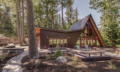 Location: Stockton, California - 1965 A frame gets some WIngs off a runway! The only way to get to this house is to fly in or by private boat. Waterwheel House, A House In The Woods, Frame Addition, Island Architecture, Frame Cabins, Home Addition Plans, A Frame Cabins, Rustic Exterior, A Frame House Plans