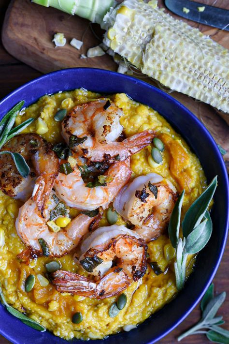 Pumpkin Grits, Pumpkin Shrimp, Shrimp And Polenta, Ginger Shrimp, Easy Fall Dinner, Polenta Recipe, Butter Corn, Easy Fall Dinners, Entertaining Menu