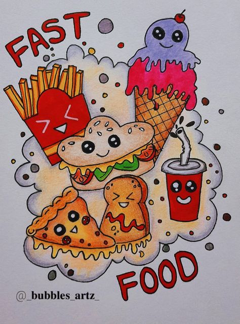 Fast Food Doodle Art, Doodle Art Of Food, Favourite Food Drawing, Fast Food Art Drawing, Fast Food Drawing Easy, Doodle Drawings Food, Food Art Painting Easy, Doodle Art Drawing Cute Food, Doodling Ideas Easy