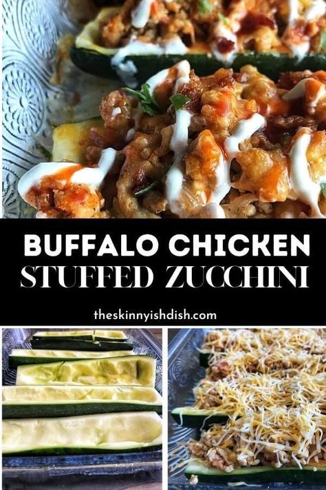 These Buffalo Chicken Stuffed Zucchinis are simple, savory, spicy, and perfect for a low carb dinner! They are stuffed with lean ground chicken, ranch seasoning mix, onion, garlic, buffalo sauce, and then generously topped with shredded cheese. Whether you’re interested in low carb eating or not, you’ll surely love these babies! Garlic Buffalo Sauce, Chicken Stuffed Zucchini, Skinnyish Dish, Chicken Marinara, Kari Ayam, Chicken Ranch, Healthy Baked Chicken, Ranch Seasoning Mix, Stuffed Zucchini