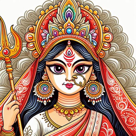 Maa Durga Illustration, Durga Goddess Drawing, Durga Digital Art, Maa Durga Drawing Sketch, Drawing Of Durga Maa, Durga Maa Mandala Art, Durga Acrylic Painting, Durga Drawing Art, Maa Durga Painting