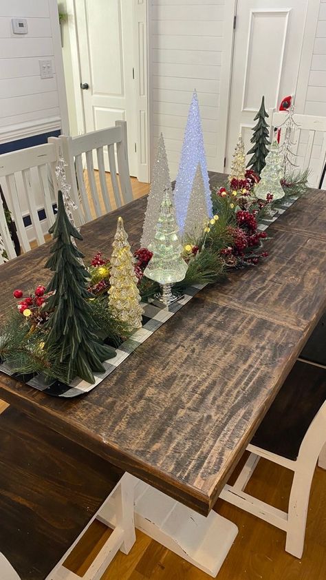 Tree Centerpiece Christmas, Christmas Table Centerpiece Trees, Christmas Kitchen Table Centerpiece Decorating Ideas, Rustic Farmhouse Christmas Table, Christmas Tree On Dining Table, Tree Table Centerpieces Christmas, Christmas Tree On A Table Ideas, Christmas Table Centerpieces With Trees, Christmas Trees Centerpieces For Table