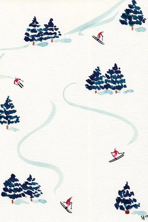 Little Skiers Canvas Print by Sabina Fenn | iCanvas Colorado Quilt, Sabina Fenn, Christmas Painting, Christmas Card Art, Tinta China, Ski Lodge, Christmas Drawing, Dessin Adorable, Winter Scene