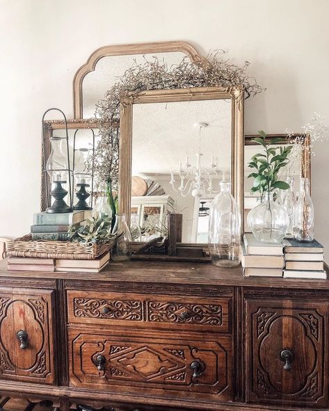 Layered Mirrors Mantle, Mirror Transfers, Countertop Styling, Shutters Diy, Furniture Staging, Display Collections, Farmhouse Addition, Decoration Hall, Hall Mirror