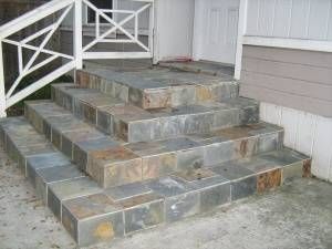 How To Lay Slate Tile Outside thumbnail Slate Porch, Cement Stairs, Porch Walkway, Deck Rails, Stone Patios, Front Porch Steps, Front Stairs, Tile Steps, Brick Patio