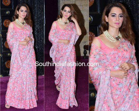 Kangana Ranaut in a floral chiffon saree Pink Chiffon Saree, Saree Simple, Royal Saree, Pakistani Saree, Printed Chiffon Saree, Baby Pink Saree, Floral Sarees, Wearing Pearls, Saree Ideas