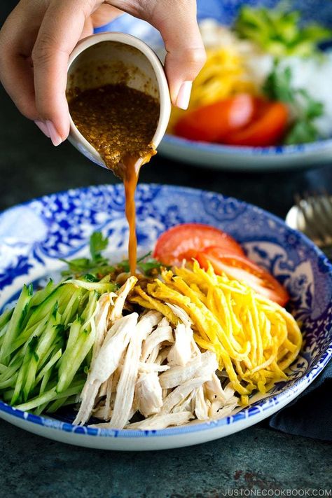 Cold and refreshing Shirataki Noodles with Honey Sesame Dressing. Top the noodles with shredded egg crepe, chicken, and cucumber. It’s a perfect guilt-free summer noodle that is low in calories. #glutenfree #lowcalorie #shiratakinoodles #noodlesalad | Easy Japanese Recipes on JustOneCookbook.com Crepe Chicken, Japanese Salad Recipes, Shirataki Recipes, Egg Crepe, Sesame Dressing Recipe, Japanese Salad, Shirataki Noodles, Easy Japanese Recipes, Honey Sesame