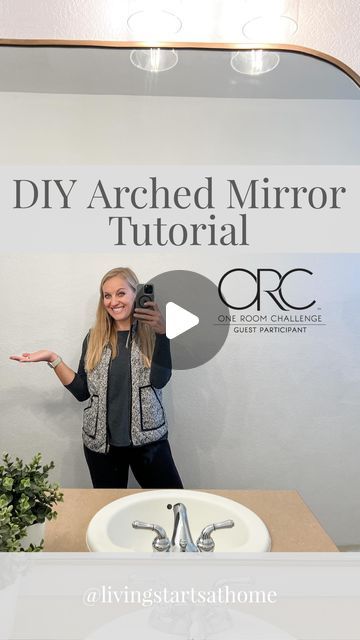 Heather Meister | Intentional Home + DIY on Instagram: "We DIY’d this totally custom, oversized gold arched mirror for under $100 using the existing builder grade mirror! 

A local glass-cutter made the cuts for $60, I applied rubber U-channel trim from Amazon for $17 and Antique Gold Rub n Buff ($10) for a beautiful, shiny finish. 

Now it is a stunning focal point of this bathroom renovation!!! 

Save this video to reference when you try this hack too! 

Thanks for the inspiration @sarahflipsit 🌟

#oneroomchallenge #oneroomchallenge2022 #apartmenttherapy #orcat #archedmirror #diyhomeprojects #bathroominspiration #bathroomrenovation #kidsbathroom" Updating Frameless Mirror, Diy Gold Bathroom Mirror Frame, Builder Bathroom Mirror Makeover, Diy Arched Mirror Frame, How To Frame A Builder Grade Mirror, Mirror Boarders Diy, Builder Mirror Upgrade, Diy Arch Mirror Frame, Custom Mirrors Ideas