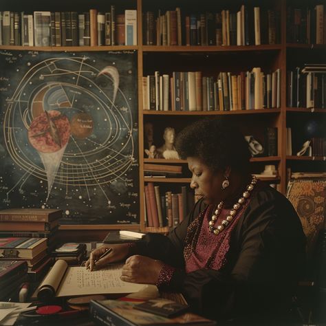 Try this in Midjourney :  Octavia Butler sitting at a desk writing her next written work. Behind her is a shelf filled with science fiction books. There is a drawing on the wall that depicts the solar system. --v 6.0   #aiart #midjourney #blackhistorymonth Writing Aesthetic Black Woman, African Dark Academia, Black Scholar Aesthetic, Female Writer Aesthetic, Female Professor Aesthetic, Black Academia Aesthetic, Professor Aesthetic, Female Professor, Black Academia