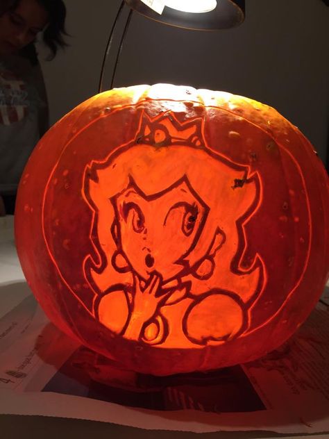 Princess Peach pumpkin ~made by Evi. So proud :-) Peach Pumpkin Carving, Princess Peach Pumpkin Carving, Princess Peach Pumpkin, Princess Pumpkins, Mario Pumpkin, Pumpkin Princess, Princess Pumpkin, Cute Pumpkin Carving, Character Pumpkins