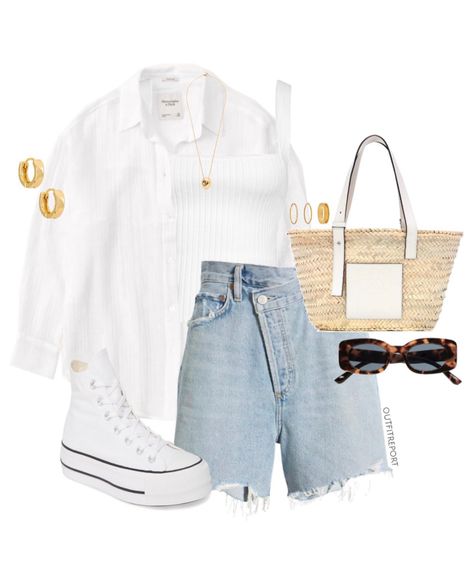 Shorts And Converse, White Summer Shirt, Summery Outfits, La Outfits, Leather Shopper Bag, Basket Tote, Fall Fashion Outfits, Shopper Bag, Lookbook Outfits