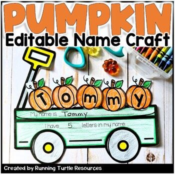 This Fall Pumpkin Craft is a fun and festive way to practice name recognition. This editable name craft doubles as an adorable October Bulletin Board! The Pumpkin Themed Craft includes EDITABLE Pumpkin Letters, as well as blank pumpkins to write names. This name craft also supports fine motor, sorting, counting and coloring skills.This Helpful Resource Includes:- Printable Pumpkin Uppercase and Lowercase Letters - Extra Pumpkin Vowels - Editable Pumpkin Letters via Powerpoint - Pumpkin Wagon Tem Halloween Name Craft, Easy Kindergarten Crafts, October Preschool Themes, Pumpkin Patch Craft, October Bulletin Board, Pumpkin Wagon, October Bulletin Boards, Pumpkin Math, Train Crafts