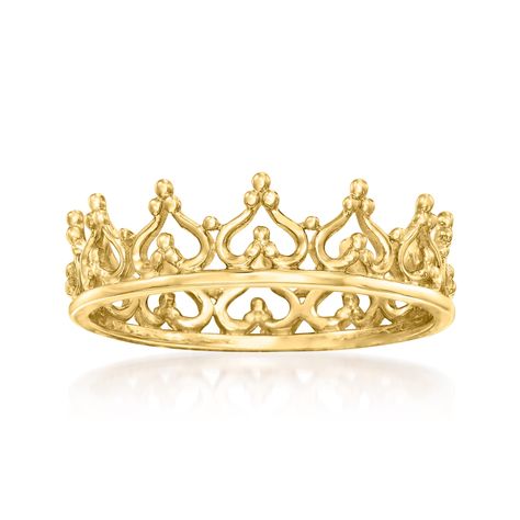 PRICES MAY VARY. 14KT YELLOW GOLD — 14kt yellow gold royal crown ring. Polished finish. 1/4 in. wide. 1.8 grams. Size 10. THE FINISHING TOUCH — With its regal design, this crown ring adds a feminine accent to any style. Pair it with your casual or formal attire. ROSS-SIMONS QUALITY — Treat yourself to the luxury of Ross-Simons fine jewelry. Whether your selection is made of 14kt gold, 18kt gold or gorgeous sterling silver, our jewelry always makes a lasting statement. THE PERFECT GIFT FOR HER — Black White Gold Decor, Quince Jewelry, Gold Things, White And Gold Decor, Fantasy Items, Diamond Ring Cuts, Space Rings, Emerald Earrings Drop, Opal Drop Earrings