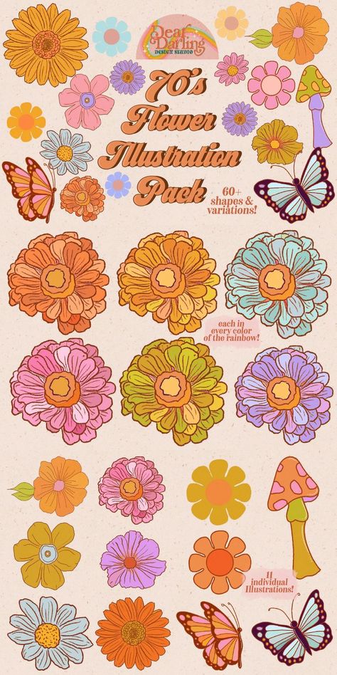 70s Doodles Drawings, Retro Flower Illustration, Hippie Flower Tattoos, 70s Illustration, Hippy Flowers, 70s Color Palette, Flower Power Party, 70’s Decor, Cottagecore Flowers