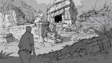 Village Perspective Drawing, Background Refrence Images, How To Draw Environments, Building Perspective Drawing, Manga Environment, Perspective Drawing Reference, Concept Art Background, Memories Illustration, Composition Layout