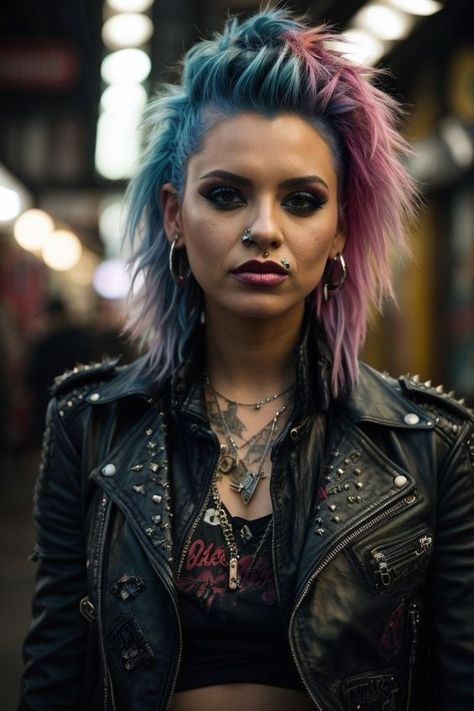 Women Punk Hairstyles, Punk Fashion 80s Women, Punk Rock Hair Women, Punk Hair Long Hairstyles, Punk Hair And Makeup, Feminine Punk Hair, Edgy Colored Hair, Wavy Punk Hair, Punk Make Up 80s