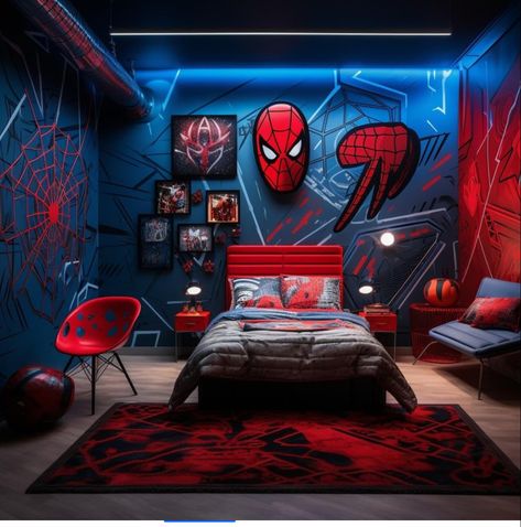 Spider Man Bedroom Ideas, Spider Man Room, Design A Superhero, Spiderman Room Ideas, Spiderman Bedroom, Blue And Gold Bedroom, Man Bedroom, Spiderman Room, Marvel Room