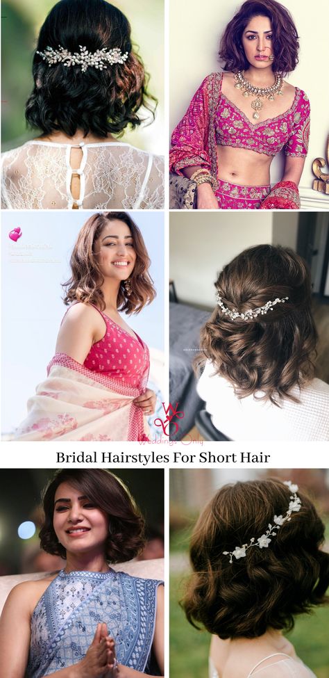 Unique bridal hairstyle ideas for short hair that are trending this wedding season in 2020. Short hair hairstyle for bridesmaid and Indian brides. #shorthairhairstyle #bridalhairstyleideas #bridalinspiration #indianwedding #indianbride #bridaloutfit #hairstyle #weddinghairstyle #weddingideas #uniquebridalhairinspiration #bridalhairandmakeup #hairstyleideas#bridesmaidshairstyleideas #bridalhair #bridalbun #hairstylesforlonghair #braids #curls #haircuts #trendyhaircuts #shorthairhaircuts Small Hair Hairstyles Wedding, Hairdo For Short Hair Wedding Indian, Short Hair Bridal Hairstyles Indian, Party Hairstyles For Short Hair Indian, Short Hairstyles On Indian Wear, Sangeet Hairstyle For Short Hair, Hairstyle For Gowns Indian, Gown Hairstyle For Short Hair, Indian Bride Short Hairstyle