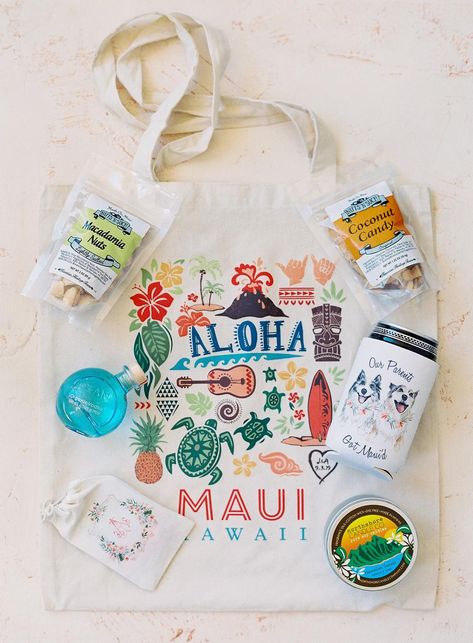 Hawaii Wedding Welcome Bags, Welcome Tags, Hawaii Beach Wedding, Wedding Welcome Gifts, Destination Wedding Welcome Bag, Coconut Candy, Curated Wedding, Wedding Branding, Wedding Gift Bags