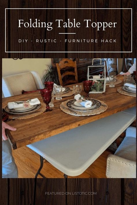 Easy DIY tutorial to upcycle an ordinary old folding table in to a charming rustic wood folding table topper. Perfect for extra seating in the dining room table or for a large celebration like a wedding, thanksgiving or kids birthday party. Rustic reusable diy folding table makeover adds elegance and comfort in the place of a boring folding table and disposable plastic table cloth. #diyfoldingtable #diy #rusticdecor #farmhousedecor #partytime #partydecor #parties #thanksgiving #familytable Wood Table Cover Diy, Wooden Table Cover, Wood Table Topper, Wood Table Cloth, How To Add Extra Seating To Dining Table, Wood Top For Folding Table, Folding Table Wood Cover, Foldable Dining Table Diy, Wood Cover For Folding Table