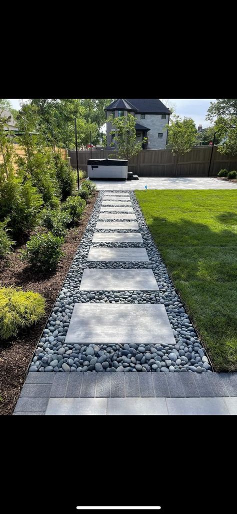 Easy Pathways Walkways, Small Parking Pad In Front Of House, Uneven Yard Ideas Backyards, Stone Walkways Paths Diy, Side Of House Walkway Ideas, Large Pavers Walkway, Front Walkway Landscaping Entryway, Paver Walkway Ideas, Backyard Flooring