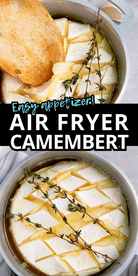 Bake melty, gooey whole camembert rounds in your air fryer for the perfect easy appetizer or air fryer snack! The air fryer gently melts the cheese for an ooey, gooey texture without overcooking. Serve the air fryer camembert with sliced bread, crackers, fresh or dried fruit for an effortless yet impressive snack or starter. The air fryer makes baking up this crowd-pleasing baked cheese fast and simple with no hassle. Perfect for any gathering or for a weeknight indulgence! Baked Camembert Air Fryer, Airfryer Baked Camembert, Baked Brie In Air Fryer, Air Fried Brie, Air Fryer Camembert, Brie In Air Fryer, Air Fryer Brie Recipes, Brie Cheese Recipes Air Fryer, Air Fryer Brie