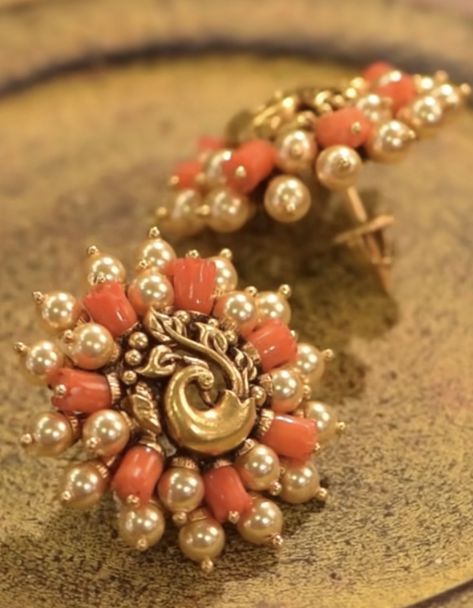 Havala Jewellery, Gold Ear Studs Unique, Small Coral Beads Jewellery Indian, Coral Jewelry Indian Gold Earrings, Corals And Pearls Jewellery, Traditional Gold Jewelry With Red Coral, Coral Jhumkas, Coral Jewelry Indian Gold, Coral Earrings Gold Indian